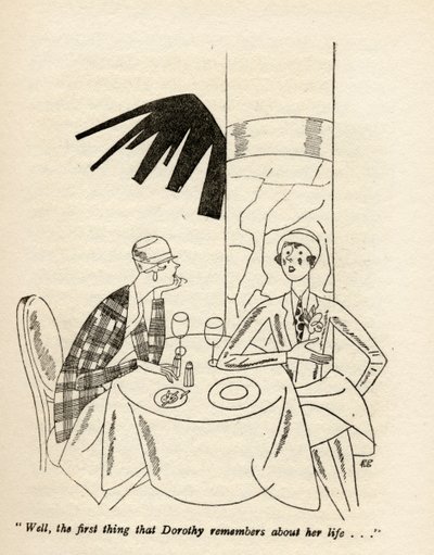"حسنًا ، أول شيء تتذكره دوروثي عن حياتها ..." ، رسم توضيحي من "لكن السادة ماري تزوج السمراوات" بقلم أنيتا لوس ، نُشر عام 1928 بواسطة رالف بارتون